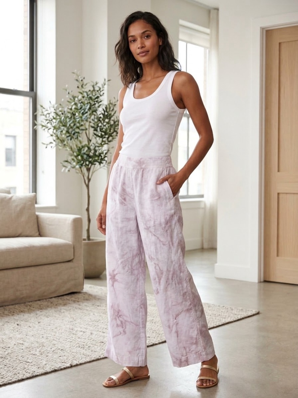 C&C California Pink Watercolor Tie-Dye Straight Leg Linen Pants — Size M